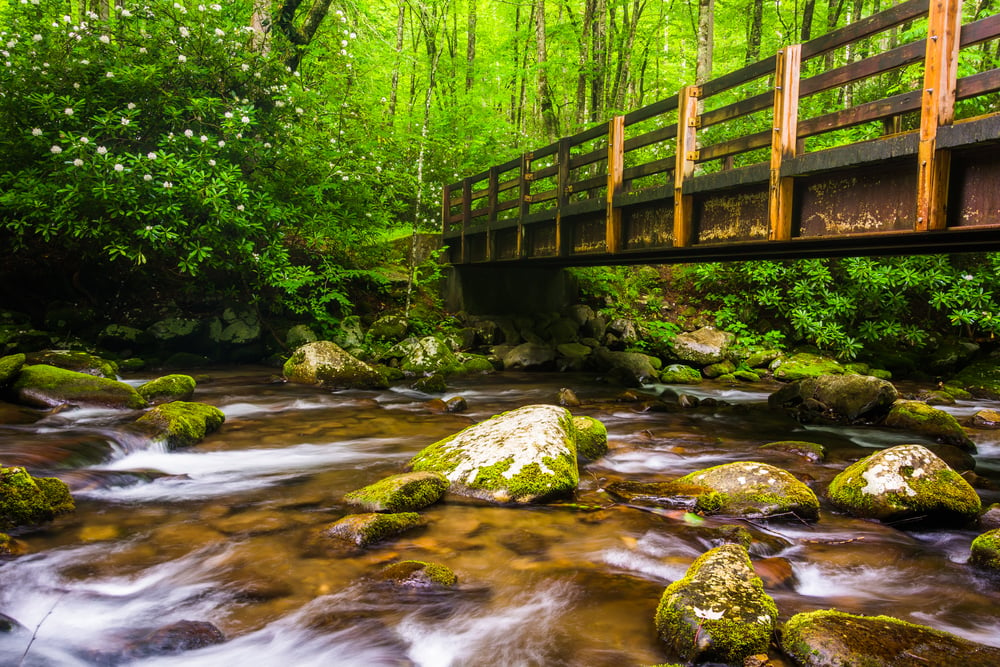 Cascades and walking bridge over the Oconaluftee River, at Great Smoky Mountains National Park, North Carolina.