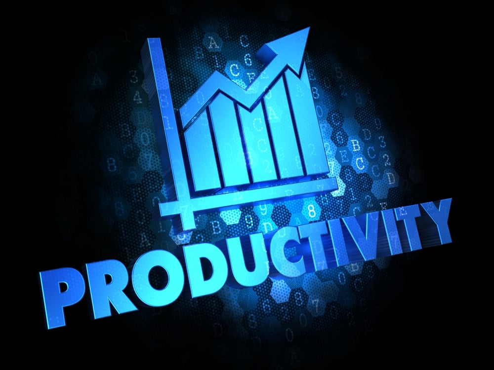 Productivity with Growth Chart - Blue Color Text on Dark Digital Background.