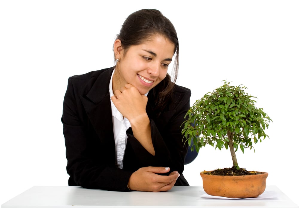 business girl with a tree on her desk smiling over a white background